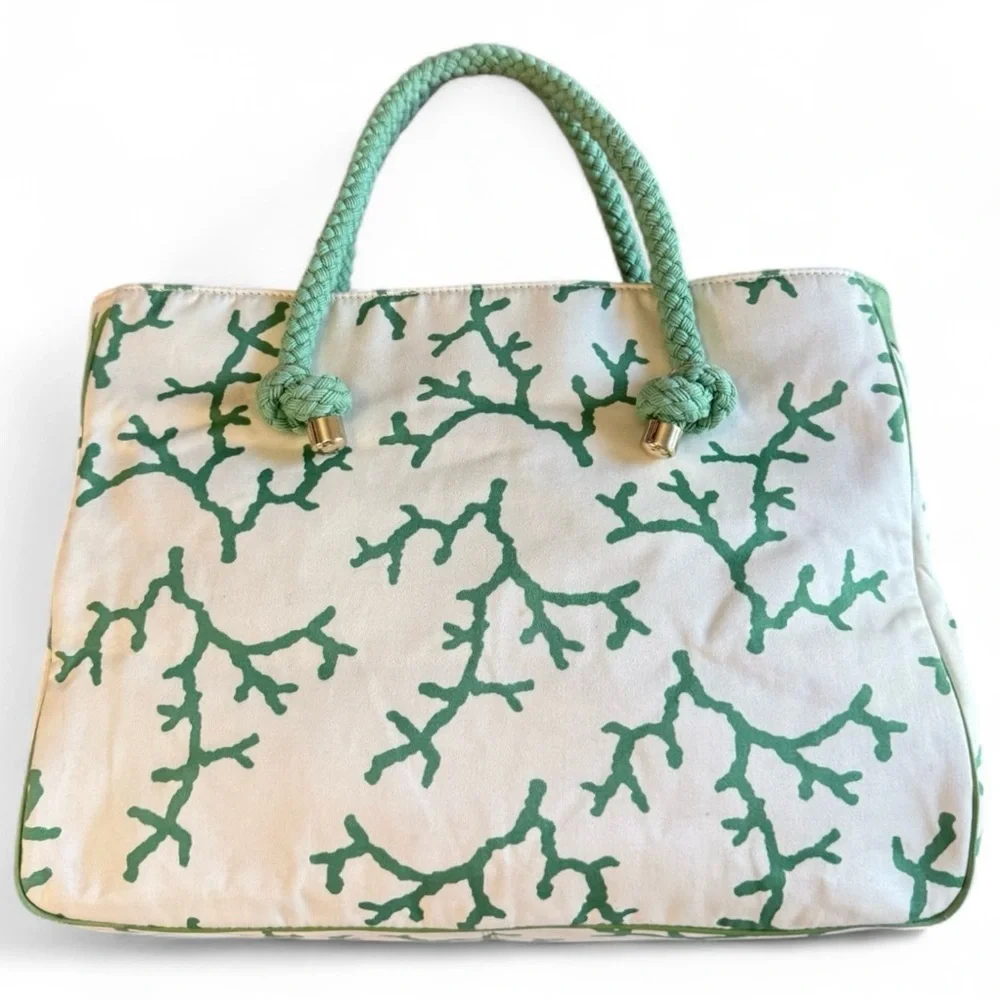 Vintage Kate Spade Cream and Green Patterned Tote|Luxury Vintage Bags| Y2K